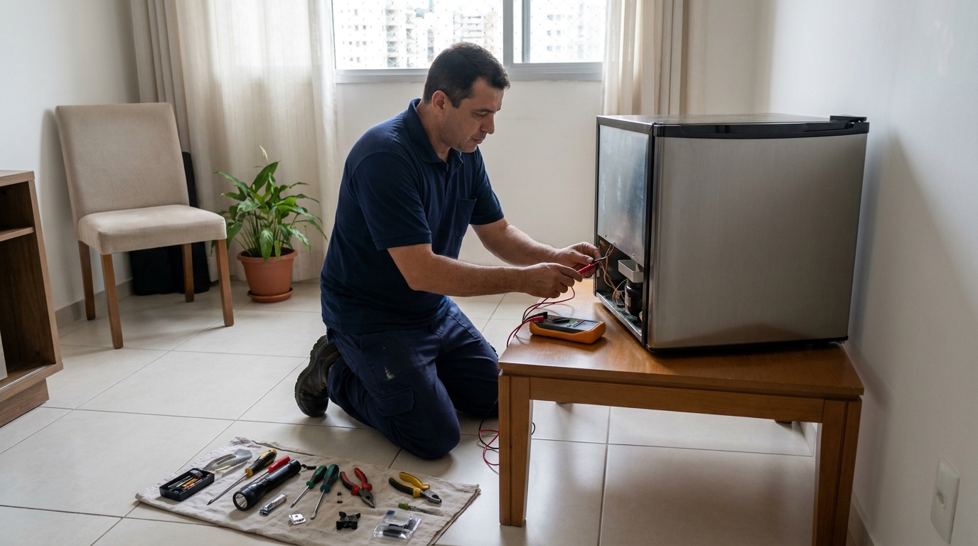 Técnico realizando manutenção de motor de frigobar em Passo Fundo‑RS