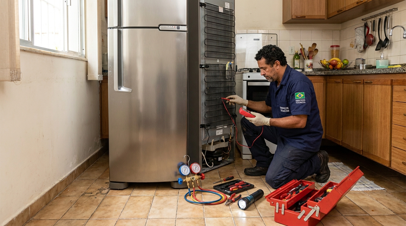 Técnico realizando manutenção de motor de geladeira em Passo Fundo‑RS